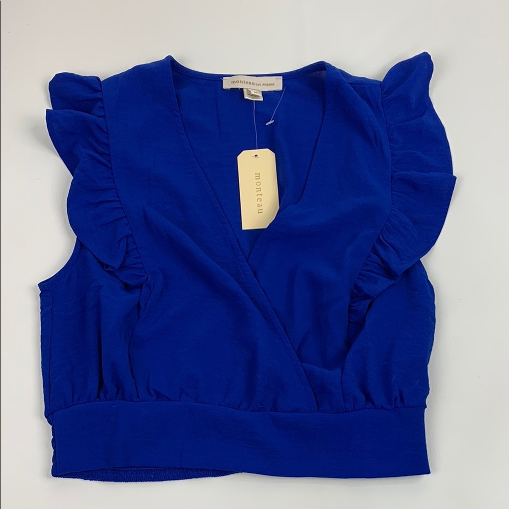 Monteau Vibrant royal Blue Ruffle Sleeve crop Top Sz Medium Stretch Bottom NWT